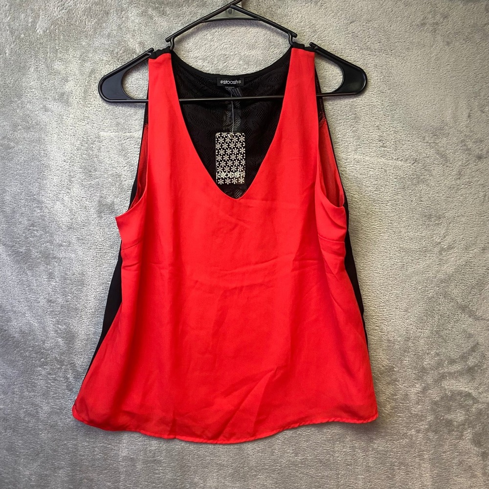 Stoosh Tank Top Womens Medium Red Black Lace Back Split Layer Blouse EUC